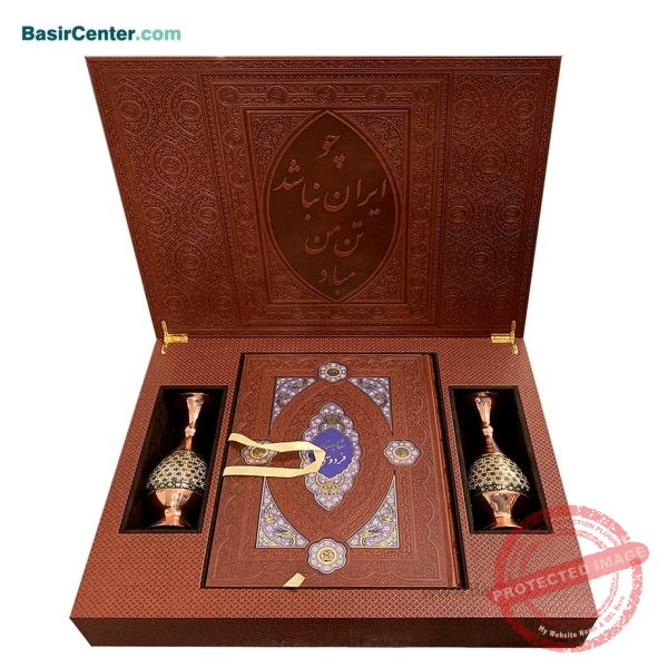 مجموعه نفیس شاهنامه چرمی معطر همراه با دو گلدان خاتم و جعبه - Image 2