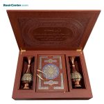 مجموعه نفیس کتاب قرآن چرمی همراه با دو گلدان خاتم و جعبه - Image 2