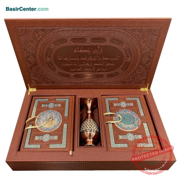 مجموعه نفیس قرآن و حافظ چرمی با گلدان خاتم همراه با جعبه - Image 2